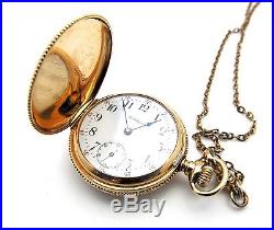 14K Gold Hunting Case Waltham Pocket Watch with Long FOB Chain #9558661 Runs EL302