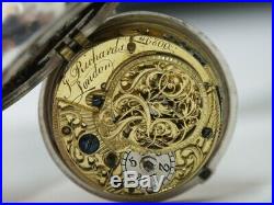 1766 London. J Richards Silver Pair Cased Verge Fusee Pocket Watch