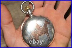 1880s Fahys COIN SILVER Flip-Out Pair 18s POCKET WATCH Case Gold Horse/Jockey