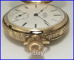 1891 Antique Elgin Full Hunter Engraved Case Solid 14K Yellow Gold Pocket Watch