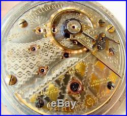 1899 HAMPDEN 23 JEWELS SPECIAL RAILWAY Pocket watch in Train Engraved Case Runs