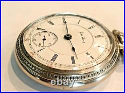 18SZ Rockford Pocket Watch in Nice Case- + Fob 9 J Serviced, Keeps Time -1893