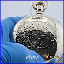 18S Keystone, triple hinge, pocket watch case with Engraved Church Scene (Y16)