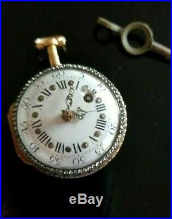 18th Century Fusee Pocket Watch. Fancy 16k Gold Enamel Case, Vtg. Key RUNS WELL