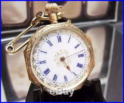 1910 Antique Vintage Enamelled Case Solid 18k Gold Watch & 15k Brooch Rare Dial