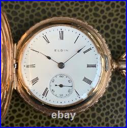1910 Elgin Grade 320 0S 7J Fancy Engraved Gold Filled Hunter Case Pocket Watch