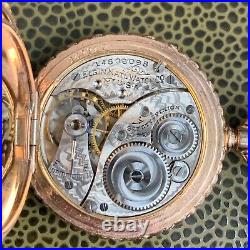 1910 Elgin Grade 320 0S 7J Fancy Engraved Gold Filled Hunter Case Pocket Watch