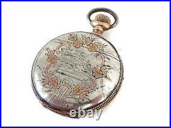 1911 Elgin Pocket Watch Movement Fahys Nickel Silver Case withGold Flowers