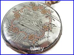 1911 Elgin Pocket Watch Movement Fahys Nickel Silver Case withGold Flowers