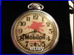 1934 16s Ingraham Pocket Watch Mobiloil Theme Dial & Case Runs Well
