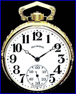 19 Jewels Display Back Gold Plated Case Pocket Watch ILLINOIS 5th Ave