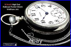 21 Jewels 18 Size High End Display Case RR Pocket Watch Waltham 845. Working