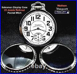 23 Jewels Silver Plated Display Case Railroad Pocket Watch Waltham VANGUARD