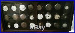 24 antique silver pocket watches in Great pocket watch display case Estate as is