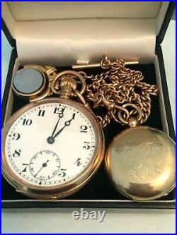 9ct gold albert chain, 9ct gold pocket watch, 9ct gold sovereign case/holder 138g