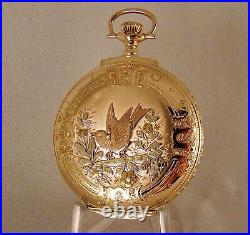 ANTIQUE ELGIN 14k SOLID GOLD BOX HINGE MULTICOLOR 12sHC FANCY DIAL POCKET WATCH