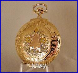 ANTIQUE ELGIN 14k SOLID GOLD BOX HINGE MULTICOLOR 12sHC FANCY DIAL POCKET WATCH