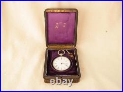 ANTIQUE FRENCH WOOD, MARQUETRY BRASS POCKET WATCH CASE + WATCH, 19th CENTURY