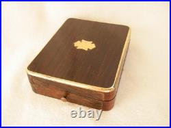 ANTIQUE FRENCH WOOD, MARQUETRY BRASS POCKET WATCH CASE + WATCH, 19th CENTURY