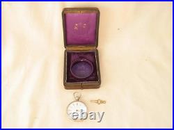 ANTIQUE FRENCH WOOD, MARQUETRY BRASS POCKET WATCH CASE + WATCH, 19th CENTURY