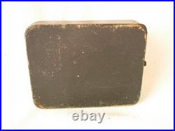 ANTIQUE FRENCH WOOD, MARQUETRY BRASS POCKET WATCH CASE + WATCH, 19th CENTURY