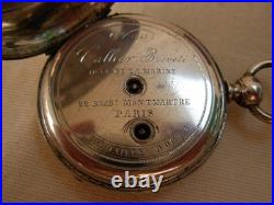 ANTIQUE FRENCH WOOD, MARQUETRY BRASS POCKET WATCH CASE + WATCH, 19th CENTURY