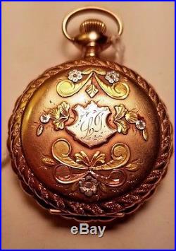 ANTIQUE Ladies ELGIN Pocket Watch SOLID 14kt GOLD with DIAMONDS TRI-COLOR Case