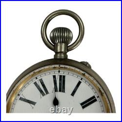ANTIQUE SWISS GOLIATH ALL NICKEL CASE GIANT POCKET WATCH 2 3/4 inch DIAMETER