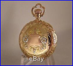 ANTIQUE WALTHAM 14kMULTICOLOR SOLID GOLD WITH DIAMONDS HUNTER CASE POCKET WATCH