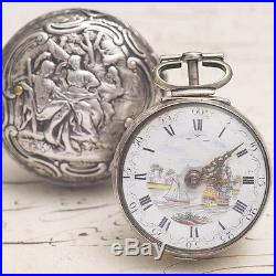 Antique 1780s ENGLISH SILVER REPOUSSE PAIR CASE VERGE FUSEE POCKET WATCH running