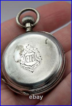 Antique 1885 INTERLAKEN 800 SILVER Case Personalized 35mm Open Face Pocket Watch