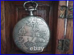 Antique 1908 Hunting Scene Pocket Watch & Edwardian Oak Cabinet Box Display Case