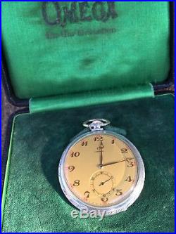 Antique 1923 Omega Pocket Watch. 900 Silver Case + Original Box 49 mm