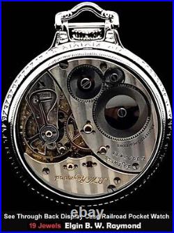 Antique 19 Jewel Silver Plated Display Case Pocket Watch RR Elgin B W Raymond