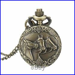 Antique 1pc Bronze 3 Horses Case Engraved Quartz Pocket Watch With Necklace