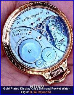 Antique 21 Jewels Gold Plated Display Case Pocket Watch Elgin Elgin B W Raymond