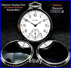 Antique 23 Jewels Silver Plated Display Case RR Pocket Watch Waltham VANGUARD