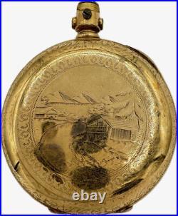 Antique 6S Dueber Mountain Town Motif Hunter Pocket Watch Case Gold Filled USA