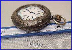 Antique 935 Ladies Pocket Watch Enamel Dial Floral Case Sterling Silver