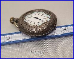 Antique 935 Ladies Pocket Watch Enamel Dial Floral Case Sterling Silver