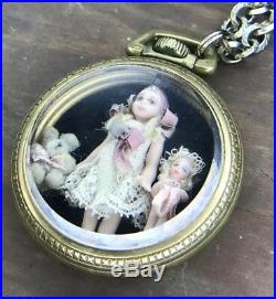 Antique Art Doll Display Case Pocket Watch Train Cathy Hansen Miniature Bisque