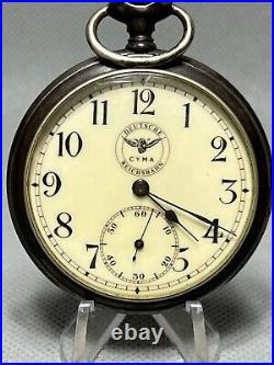Antique Cyma Gunmetal Case Pocket Watch Railroad Deutsche Reichsbahn Train Dial