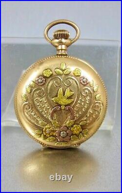 Antique Elgin 14K GF Tri Color Fahy's Caduceus Full Hunter Pocket Watch