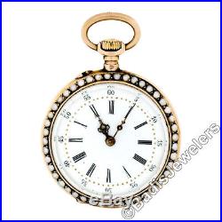 Antique French Pocket Watch 18k Gold White Hand Painted Enamel Seed Pearl Case