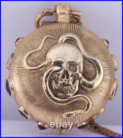 Antique French Pocket Watch Verge Fusee Skull Snake Drum Shape Case Garnets 1730