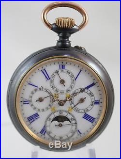 Antique Hand Wind Chronograph Dial Sun/Moon Pin Set Steel Case Pocket Watch