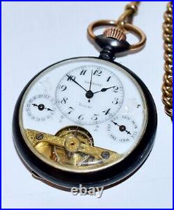 Antique Hebdomas Calendar Enamel Dial 8 Day Pkt Watch Gunmetal Case Gold Chain