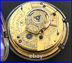 Antique Henry Cornwall London Fusee Pocket Watch Parts Balance 54mm Silver Case
