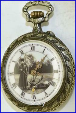 Antique Imperial Russian Pocket Watch Art-Nouveau Chased Case Hunting Scene RARE