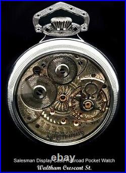 Antique Mint 19 Jewel Display Case Railroad Pocket Watch Waltham Crescent Street